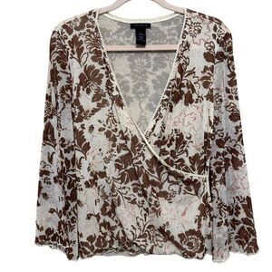 VTG The Limited Wrap Top XL Cream Floral Mesh Layer Bell Sleeve Fairy Grunge Y2K